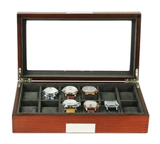 12 Cherry Wood Watch Box Display Case Jewelry Organizer Stainless Steel Accents