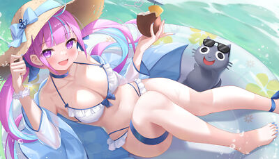 Anime girls bikini pink eyes two tone hair straw hat big Playmat