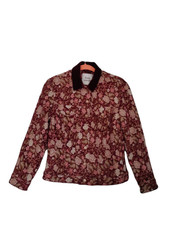 Little Moon Womens Size Xxs Denim Jacket Burgundy Floral Velvet Collar Snaps