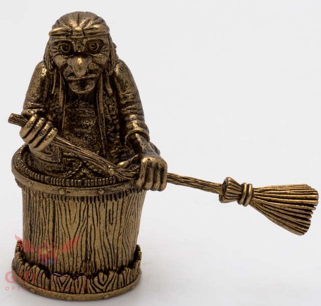 Russian Solid Brass Amber Figurine Baba Yaga in mortar wields a pestle