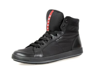 PRADA HIGH-TOP SNEAKERS SHOES BLACK LEATHER NYLON RED STRIPE