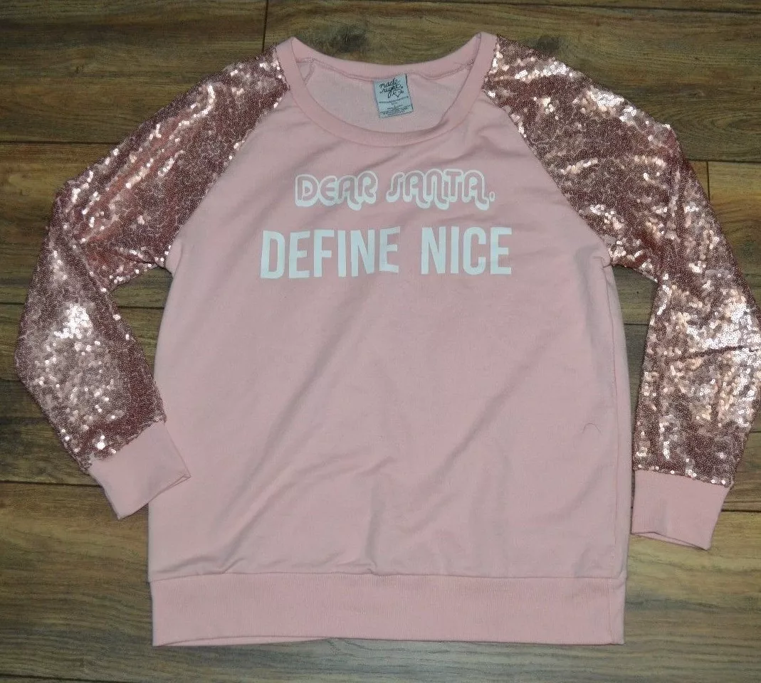 Dear Santa Define Nice Juniors Sequin Sleeve Sweatshirt Made Right By Bioworld