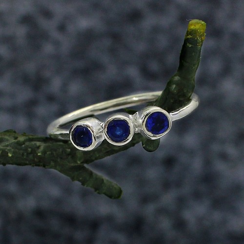 Natural Blue Sapphire Round Gemstone 925 Sterling Silver Women Ring Jewelry - Picture 8 of 11