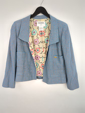 AUTHENTIC CHANEL 2001 Women Sz FR 42 US 10 Blue Silk Jacket Floral Lining France