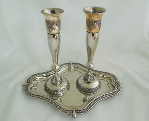 Two Vintage Karshi JERUSALEM Candlesticks & Tray Silver Plated