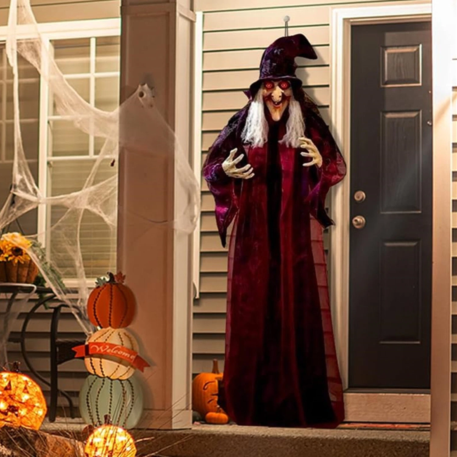 Halloween Hanging Witch Decorations Life Size Talking Witch Glow Red Eyes Horror