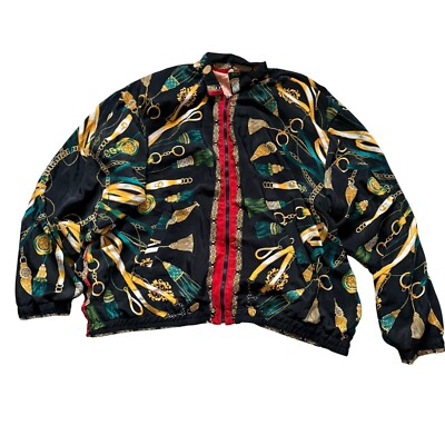 Vintage 80's/90's Black & Gold Chain Print Bomber Jacket With Red Zipper XXL