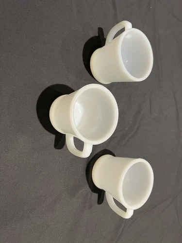 3 Vintage Fire King Anchor Hocking White Milk Glass D Handle Coffee Cups Mugs.