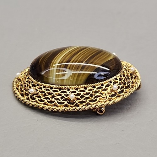 Vtg Glass Brooch Porphyry Green Gold Tone Filigree Oval Domed Cabochon 2 1/8" - Picture 3 of 15