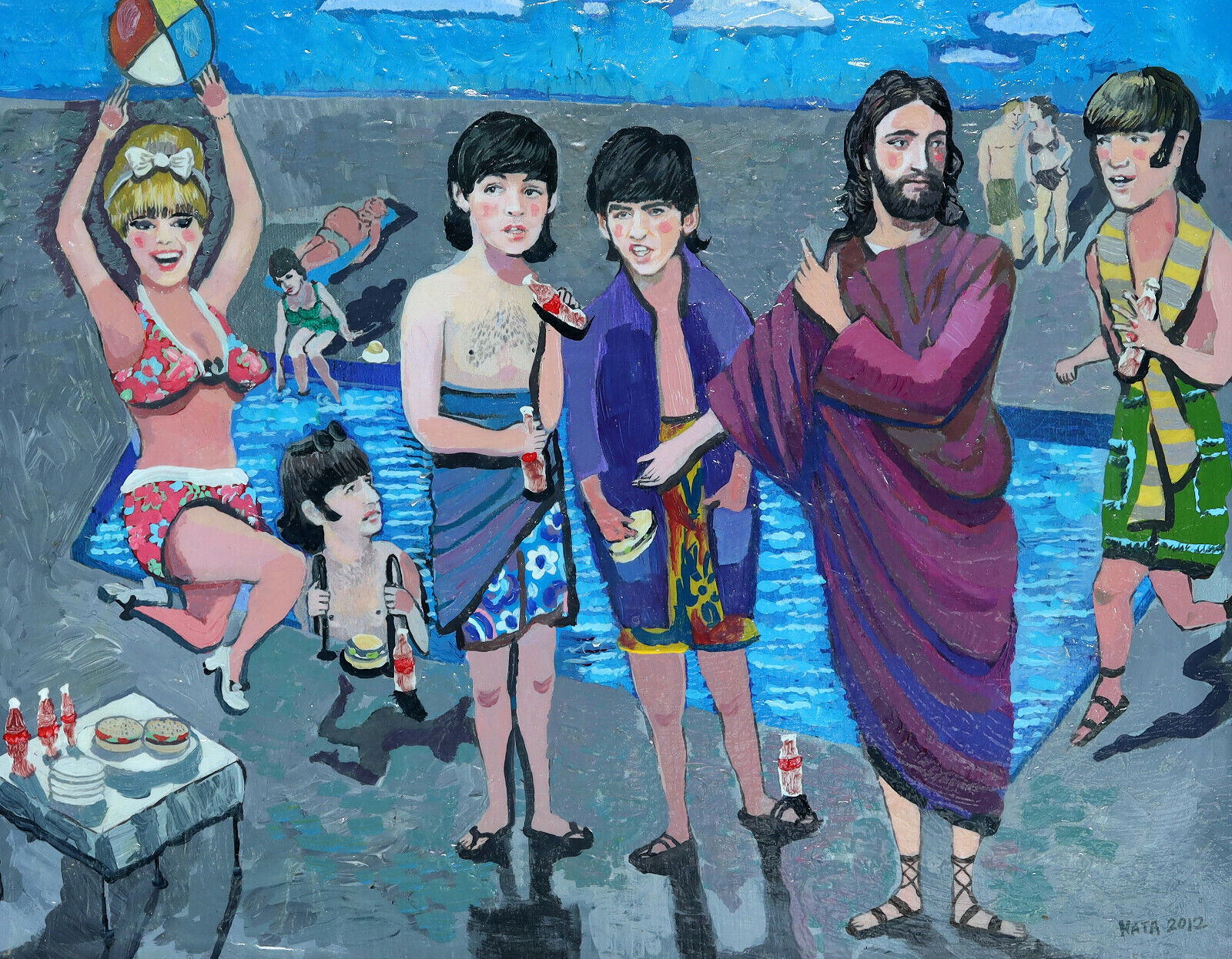 BEATLES with Jesus at BEACH, Painting, Kata Billups; showed with Howard Finster