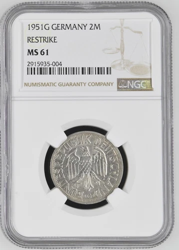 1951-G GERMANY 2 MARK - RESTRIKE - NGC MS 61 - FREE U.S. / $12.50 WORLD SHIPPING