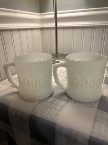 Set of 2 Vintage GROG Caveman Milk Glass Mugs BC Comic Fire King Johnny Hart