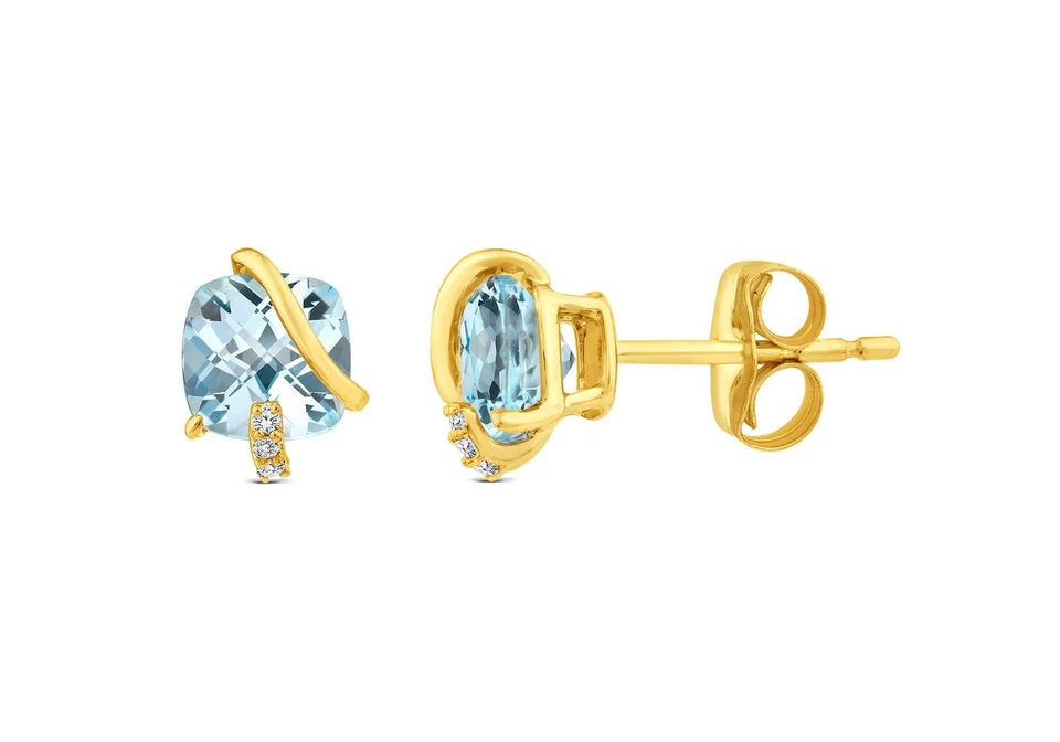 14K YELLOW GOLD ⭐ $1400 GENUINE SKY BLUE TOPAZ & NATURAL DIAMOND Earrings STUDS - Image 3 of 4