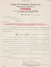 1923 Chas D Norton Coal Co. Typed Letterhead Philadelphia Coal Industry Ephemera