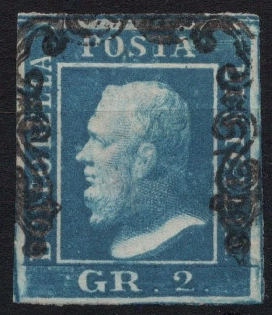 1859 Sicilia [Sass 8; Sc 13] - 2 gr. azzurro III tavola - 4 fine margins thin
