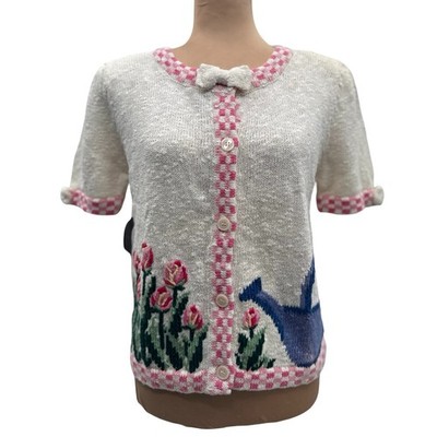 VTG Herman Geist Garden Cardigan Tulips Knit Bows L Hong Kong Hand Embroidered