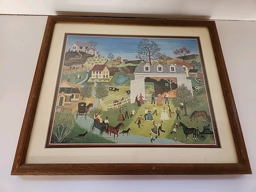 Linda Nelson Stocks signiert 1984 Scheune Tanz Volkskunstdruck 17x14