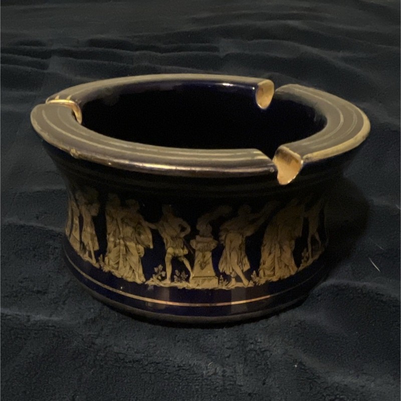 Greece Handmade Blue & 24K Gold Ceramic Round Decorative Ashtray, Art Pottery