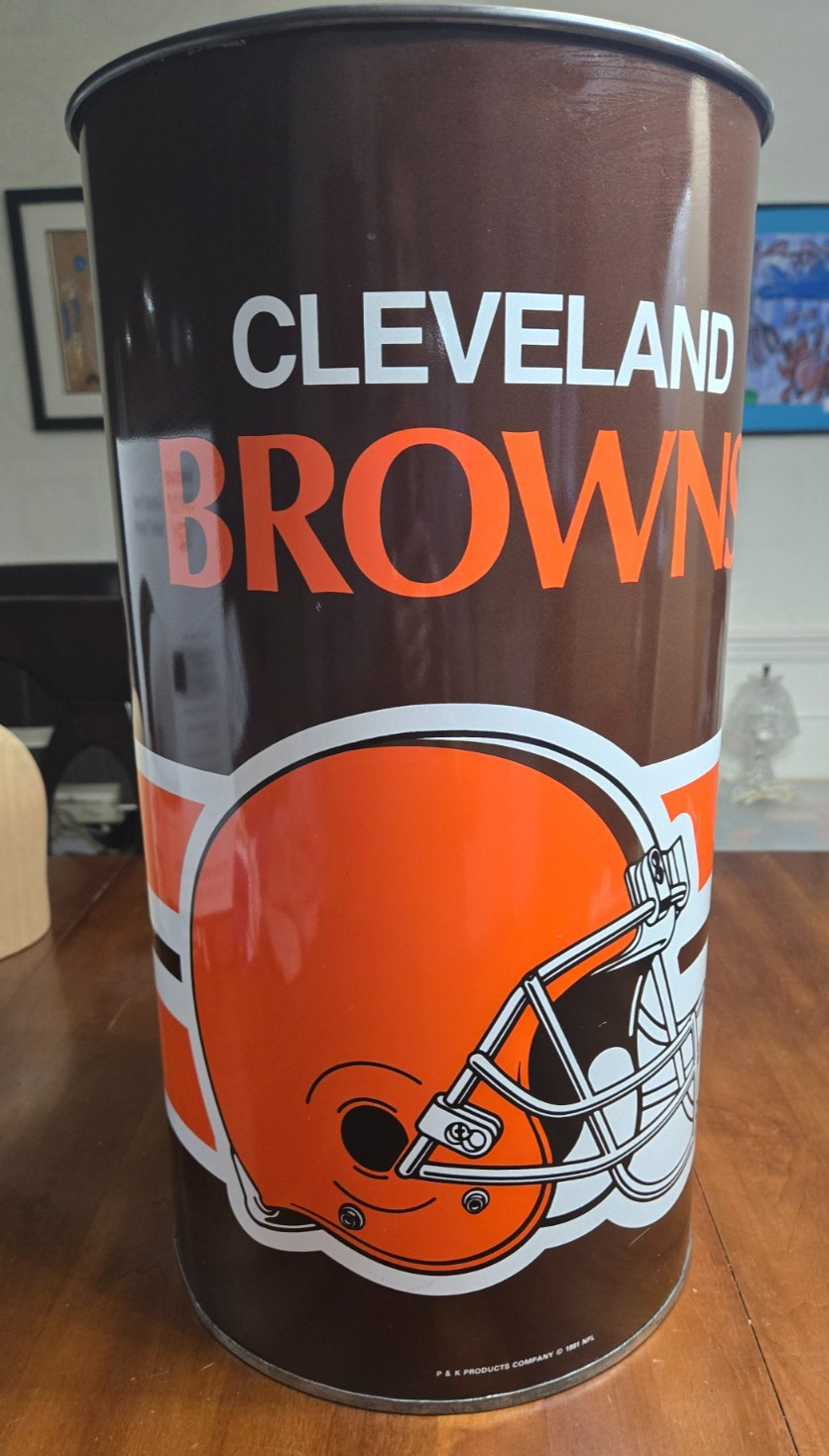 Vintage 1991 Cleveland Browns NFL Metal Trash Can - Team Helmet & Logo 19" x 10”