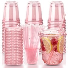 Xuelimei 12oz Disposable Stemless Glasses With Strawless Sip Lids Small, Pink