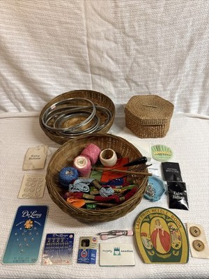 Vintage Embroidery &Sewing Kits 5 Metal Hoops 34 Embroidery Floss Thread & More