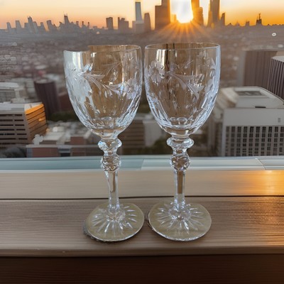 Set of 2 Miller ROGASKA Country Garden Wine Goblets Crystal Cut Glass 7 3/4 