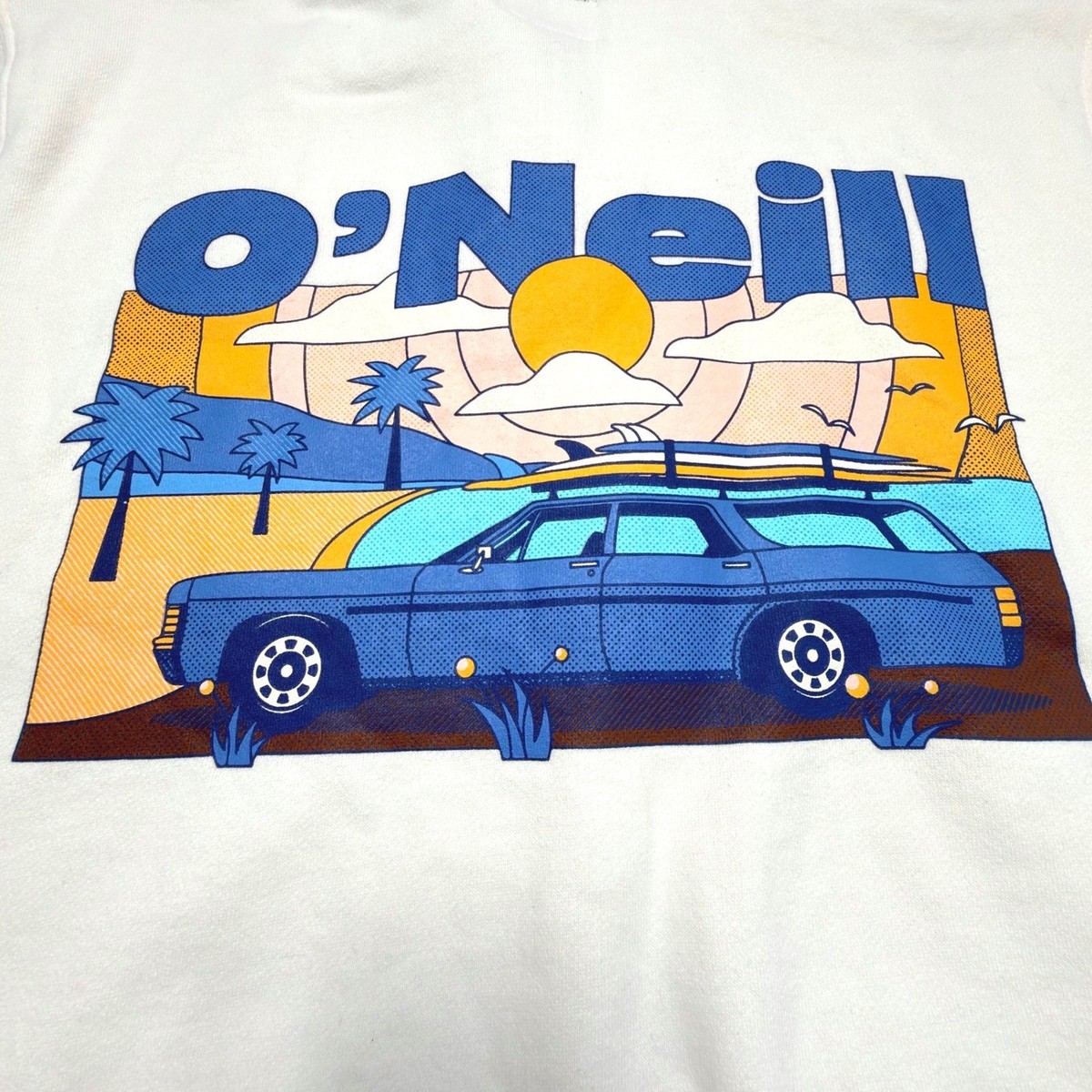 O'Neill Surf Wagon Hoodie Mens S Cream Pullover Graphic Sweatshirt