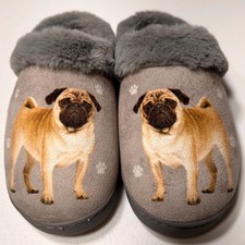 Snuggs Pug Dog Faux Fur Lined Slippers Gray House Shoes Memory Foam S/M