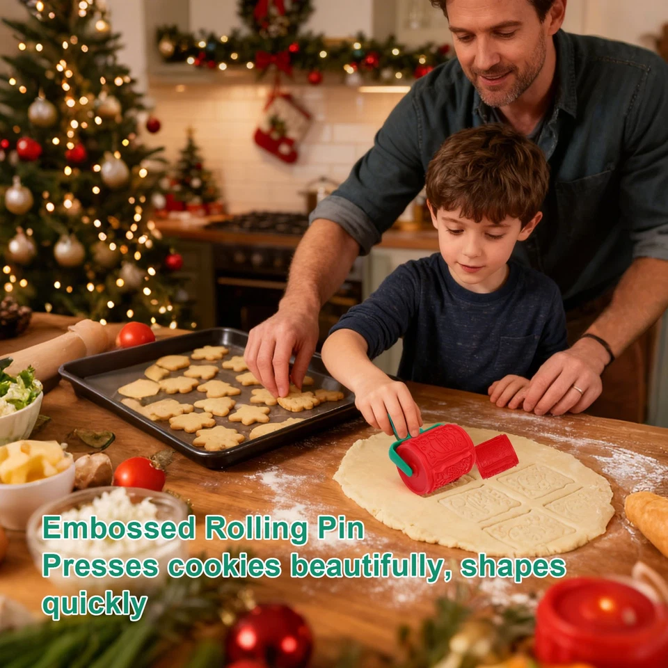 Christmas Rolling Pin Cookie Mold Baking Embossed Cutter Red Roller - Image 3 of 4