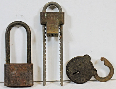 3 Vtg Padlocks Lot Corbin Big Tall Old Rusty Primitive No Key Junk Round