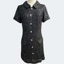 Mable Mini Dress Size M Black Sequins Button Detail Lined Stretch Back Zipper