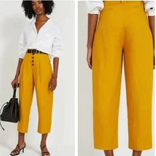 Frank & Oak Tencel Linen Blend Button Front Trouser Ankle Pants in Mustard Sz 4