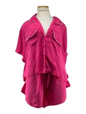 Fantasie by Morgan Taylor Satin Pajama Set L Hot Pink Button Top & Shorts