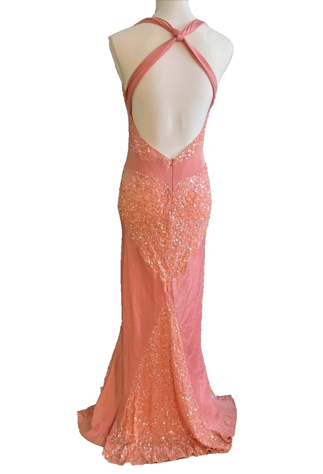 De Colección Niteline Talla 6 Coral Seda Vestido de Noche Cuentas Lentejuelas Vestido Formal Espalda Abierta Foto 2 de 4