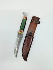 Vintage SOLING JAPAN GREEN HANDLED KNIFE,BRASS STACKED GRIP & SHEATH