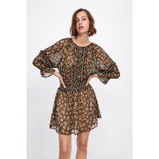 Zara Floral Beaded Smock Peasant Mini Dress Size XS