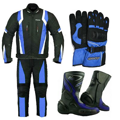 RKSports Motorbike Waterproof Blue Suit Gloves Boots Trousers