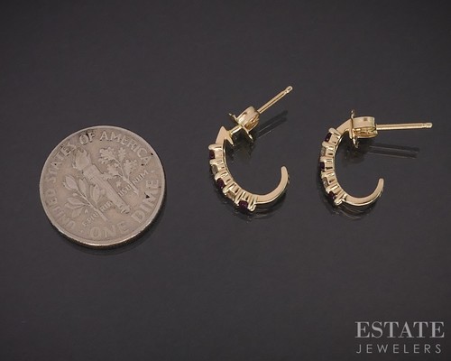 14k Yellow Gold Natural Ruby & Diamond J-Hoop Ladies Earrings 1.5g i19189 - Picture 3 of 4