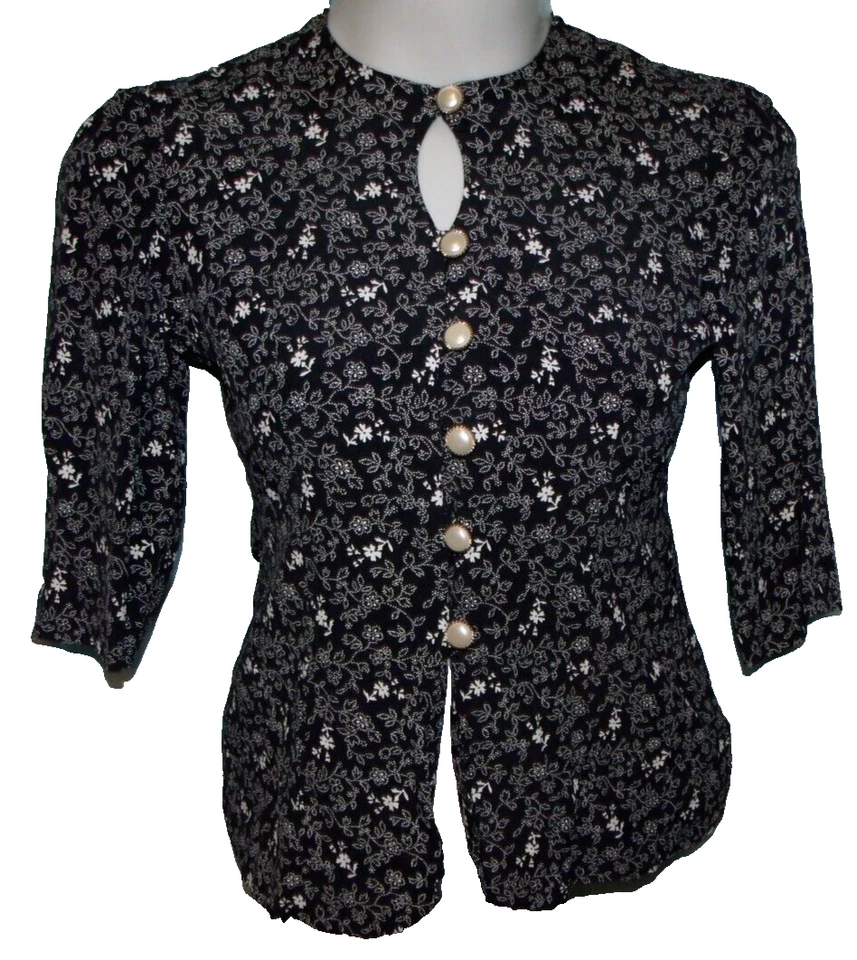 Peri Petites Black White Floral 3/4 Slv Straight Skirt Blouse Set Size 6P Vtg - Image 2 of 4