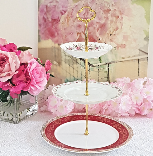 Elegant 3-Tier Cake Stand: Pink Burgundy Handmade Dessert Tray Wedding Decor - Picture 2 of 11