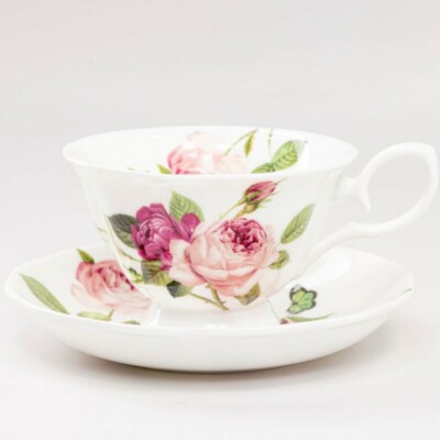 Bone China Kensington Pink Rose Teacup and Saucer Set Of 4