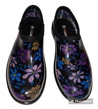 NEW Hisea Women's Garden Rain Shoe Waterproof Outdoor Slip-On Blk/Floral Size 9