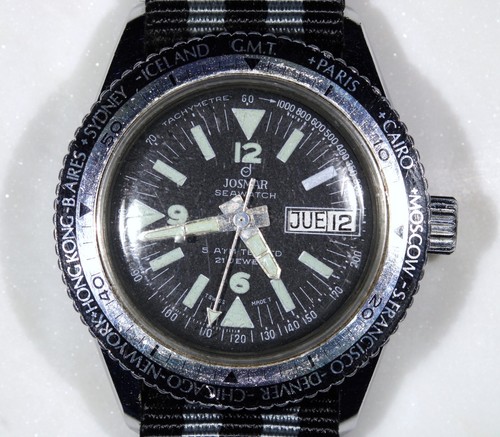 Josmar Seawatch Vintage World Timer Day-Date 5 ATM Black/Stainless Steel Diver