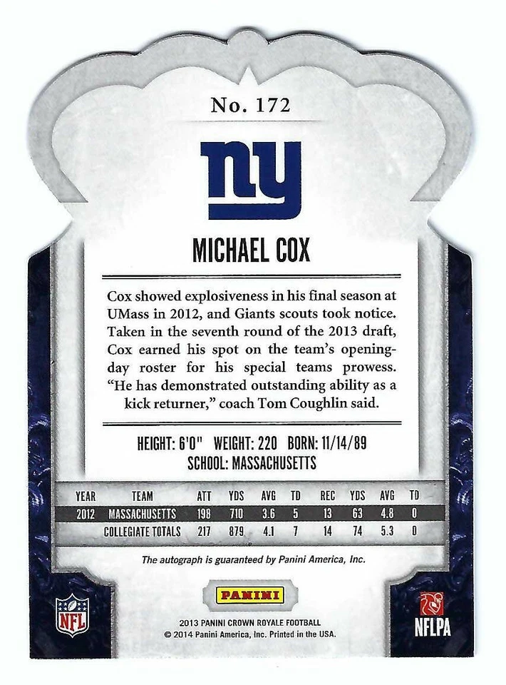 2013 Panini Crown Royale Michael Cox AUTO #/75 New York Giants Massachusetts - Image 2 of 2