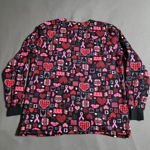 H.Q. SCRUB TOP Women's Black & Pink Breast Cancer Ribbons & Hearts Size MEDIUM - Picture 2 of 6