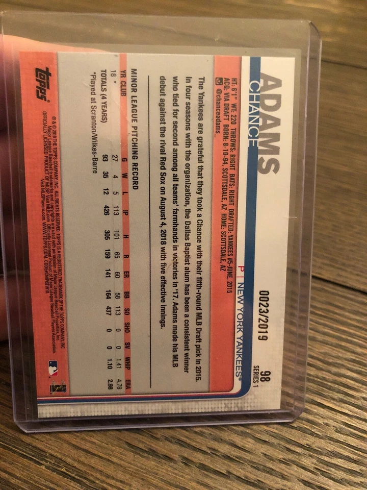 2019 Topps Series 1 Adams Chance Rookie Gold /2019 Paper Yankees - Image 2 of 2