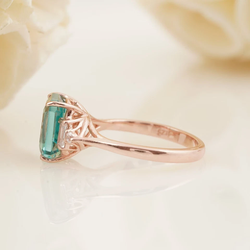 Anillo de compromiso aguamarina corte esmeralda chapado en oro plata anillo de compromiso regalo Foto 3 de 4