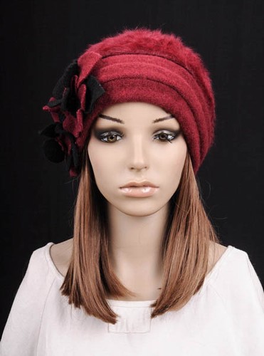 JM72 Rabbit Fur & Wool Women's Winter Hat Beanie Cap Cute Flowers Wine-red - Picture 2 of 6
