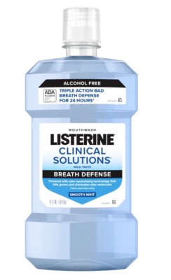 Listerine Clinical Solutions Mouthwash, Zero Alcohol, Breath Defense, 33.8 Oz.