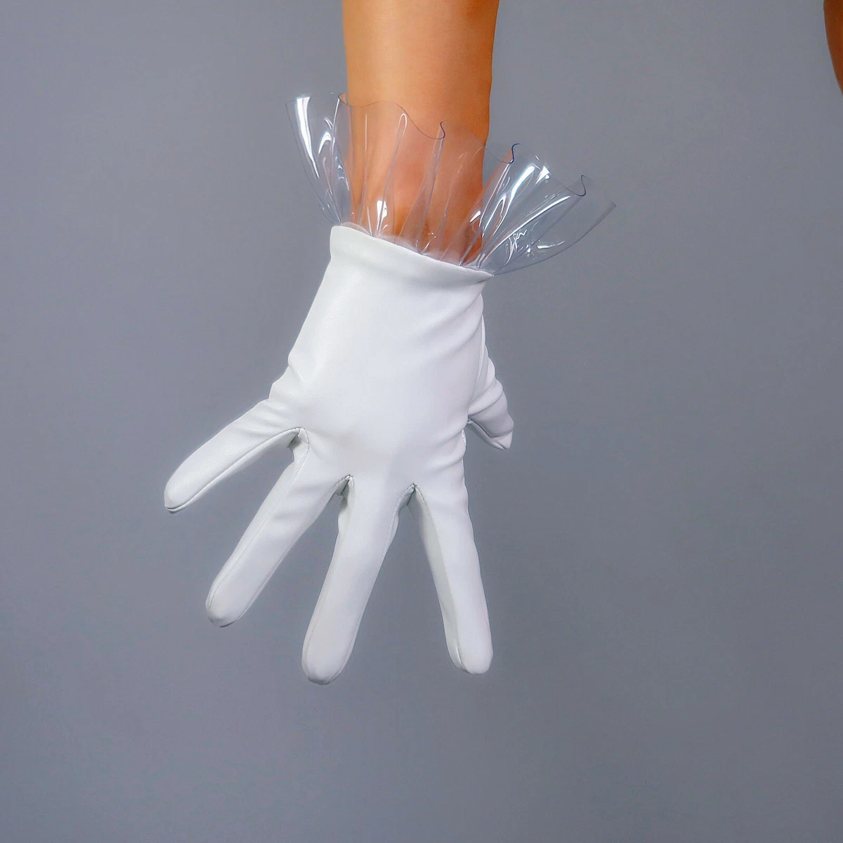 CLEAR GLOVES PVC Ruffle Trim TECH Faux Leather White Short Plastic